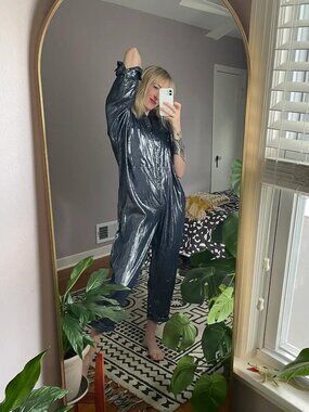 NWT SUZIE KONDI Purple Silver Jumpsuit Utility Long Sleeve Collared Romper M/L